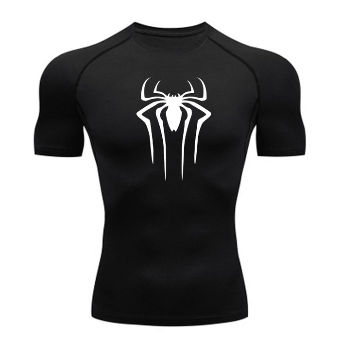 Anymens Fitness Tshirt Black With Small Spider White Print Gym Workout Compression Short Sleeve Quick Dry Athletic Tops Sportswear For men