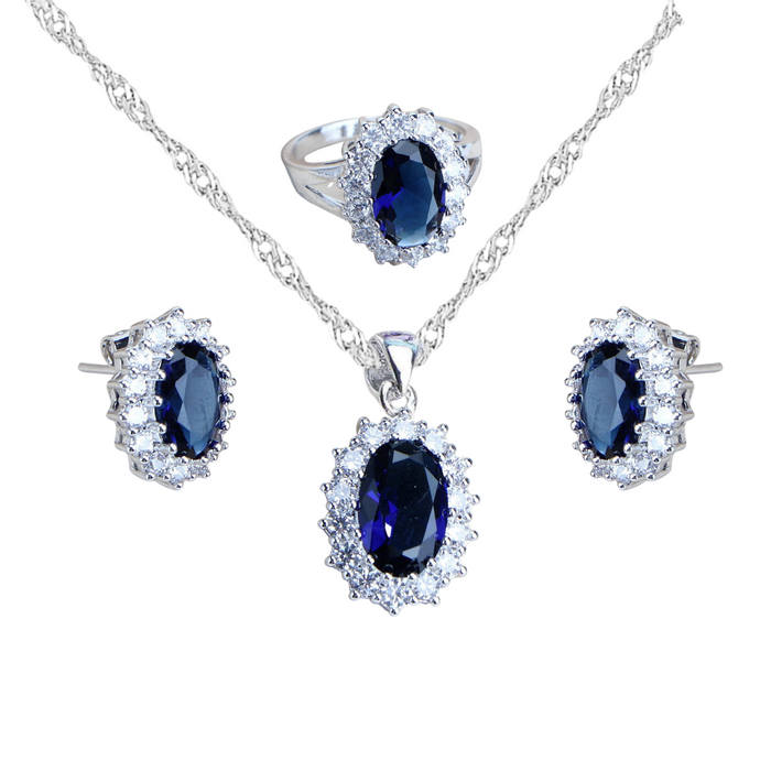 Anyco Jewelry Set 3Pcs Blue Halo Style Zircon 925 Silver Floral Ring Necklace And Earrings Women Fashion Accessories