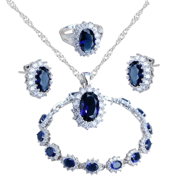 Anyco Jewelry Set 4Pcs Blue Halo Style Zircon 925 Silver Floral Ring Necklace Bracelet And Earrings Women Fashion Accessories