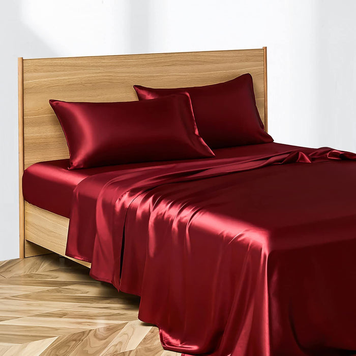 Anyhouz Fitted Sheet Full Size Winered Luxury Silky Beddings Set with Pillow Cases