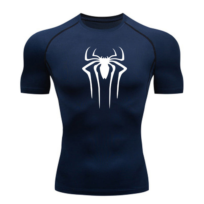 Anymens Fitness Tshirt Dark Blue With Small Spider White Print Gym Workout Compression Short Sleeve Quick Dry Athletic Tops Sportswear For men