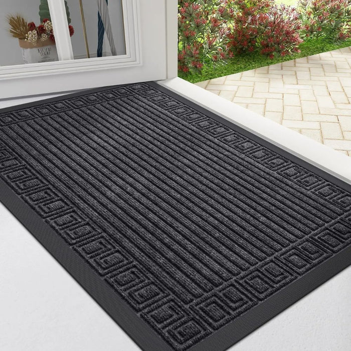 Anyhouz Doormat Gray Rubber Frame Stripes Non Slip Dirt Trap Water Absorbing Mat