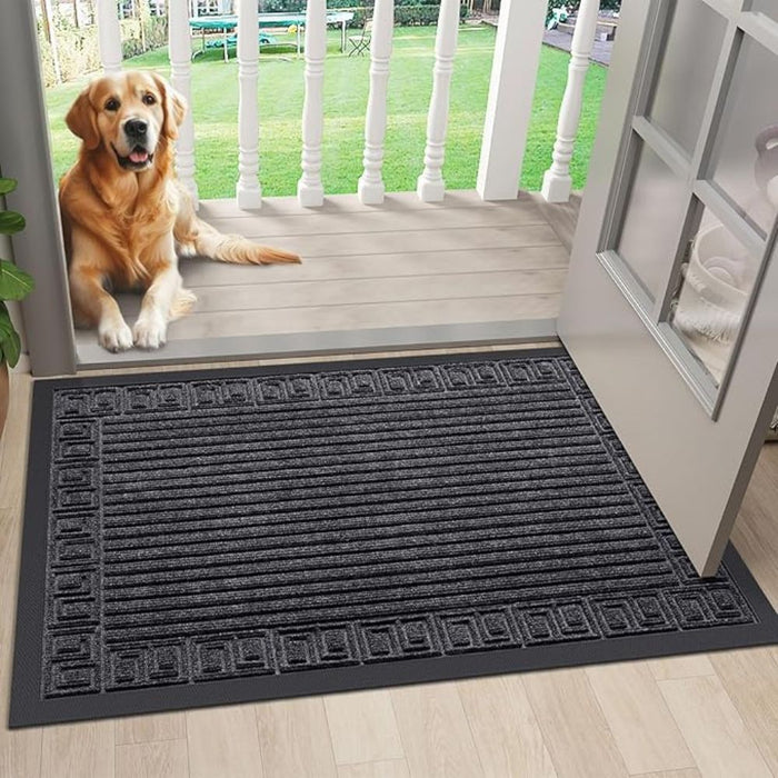 Anyhouz Doormat Gray Rubber Frame Stripes Non Slip Dirt Trap Water Absorbing Mat