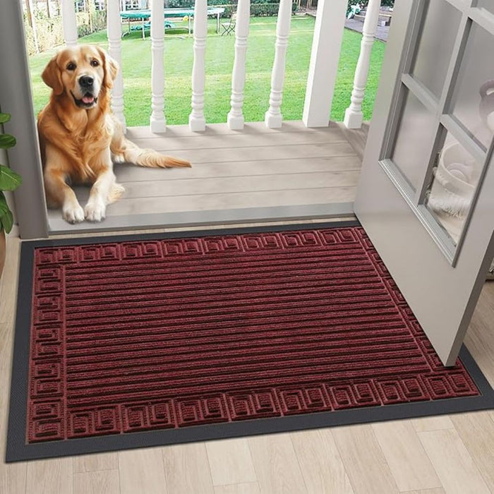 Anyhouz Doormat Wine Red Rubber Frame Stripes Non Slip Dirt Trap Water Absorbing Mat