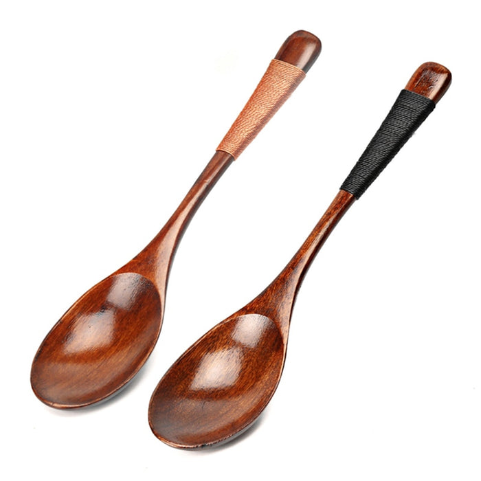 Anygleam Brown Black 2pcs Big Wooden Soup Spoon Kitchen Tableware