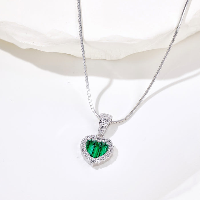 Anyco Necklace 925 Silver for Women Simple Green Diamond Heart Shape Pendant Cubic Zirconia 5A Rhodium Platting Jewelry