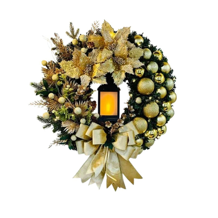 Anyhouz Christmas Wreath With Gold Ornaments Lantern Light Lamp Hanging Holiday Decor