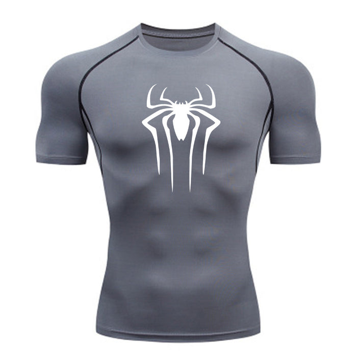 Anymens Fitness Tshirt Gray With Small Spider White Print Gym Workout Compression Short Sleeve Quick Dry Athletic Tops Sportswear For men