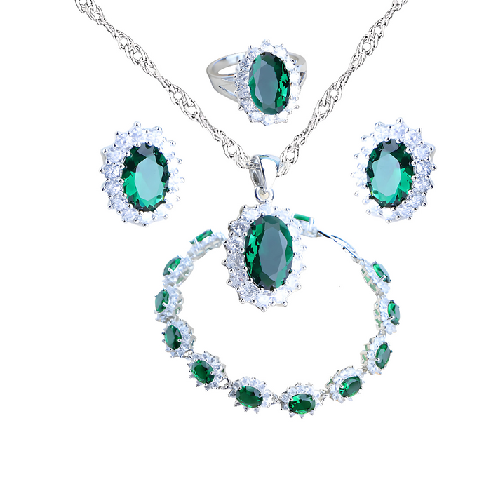 Anyco Jewelry Set 4Pcs Green Halo Style Zircon 925 Silver Floral Ring Necklace Bracelet And Earrings Women Fashion Accessories