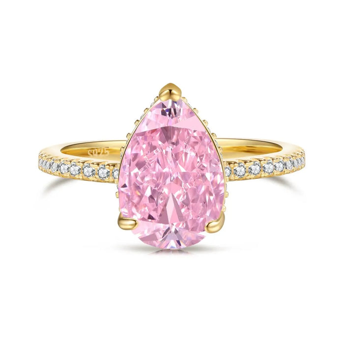 Anyco Ring Crushed Ice Out Pink Pear Diamond 925 Sterling Silver Ring CZ 8A 2.75ct 18K Gold Platted Rings