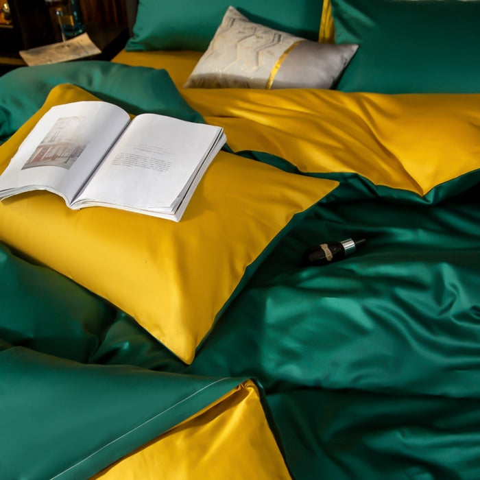 Anyhouz Duvet Comforter Set Full Deep Green/ Yellow Egyptian Cotton Thick Blanket Bedspread 4 Pcs Bed Set