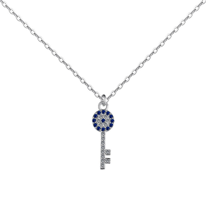 Anyco Necklace 925 Silver for Women Dark Blue Key Shape Pendant Rhodium Platting CZ 5A Jewelry