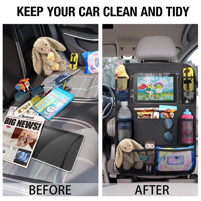 Anypack Car Back Seat Organizer 2pc with Touch Screen Tablet Holder Kick Mats with Pocket for Toys