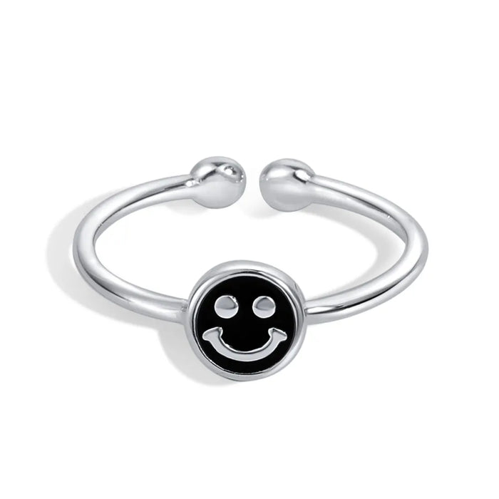 Anyco Ring Black Dainty Handmade Jewelry Stackable Open Adjustable Rings 925 Sterling Silver Smile Face Cute Beaded Ring