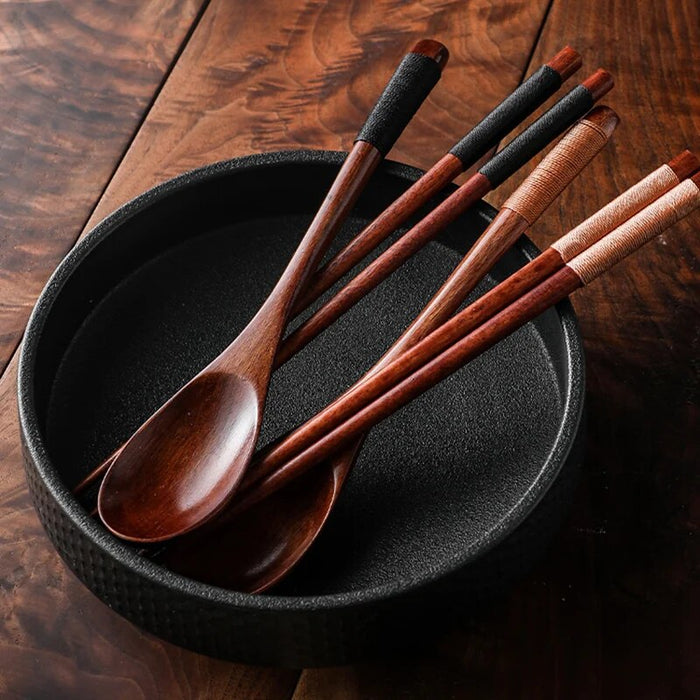 Anygleam Brown 4pcs Wooden Chopsticks and Long Ladle Set Reusable Kitchen Tableware