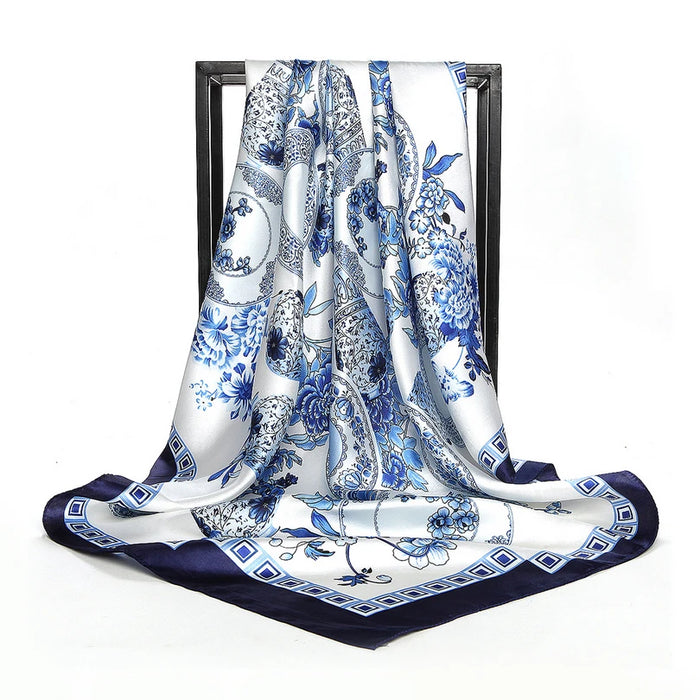 Anyyou Scarf for Women Ocean Blue Printed Polyester Silk Big Square Silk 90*90cm Satin For Spring Summer Autumn Winter