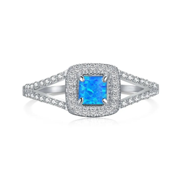 Anyco Ring 925 Sterling Silver CZ 5A Stone Square Blue Opal Gem Delicate Minimal Simple Trendy Geometric Jewelry