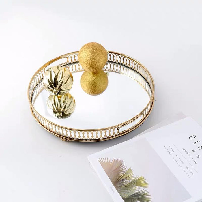 Anyhouz 31.5cm Gold Round Glass Mirror Base Metal Vanity Food Serving Organisr Jewelry Cosmetics Storage Tray with Handle