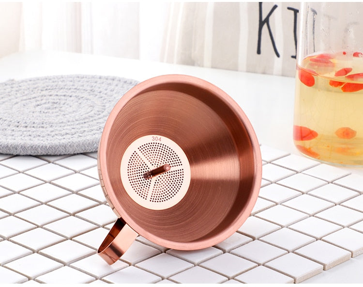 AnyGleam Funnel with Detachable Strainer 1Pc Rose Gold Stainless Steel with Wide Cone Mouth Funnel for Small Can Jar Kitchen Utensil