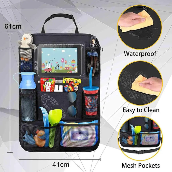 Anypack Car Back Seat Organizer 2pc with Touch Screen Tablet Holder Kick Mats with Pocket for Toys