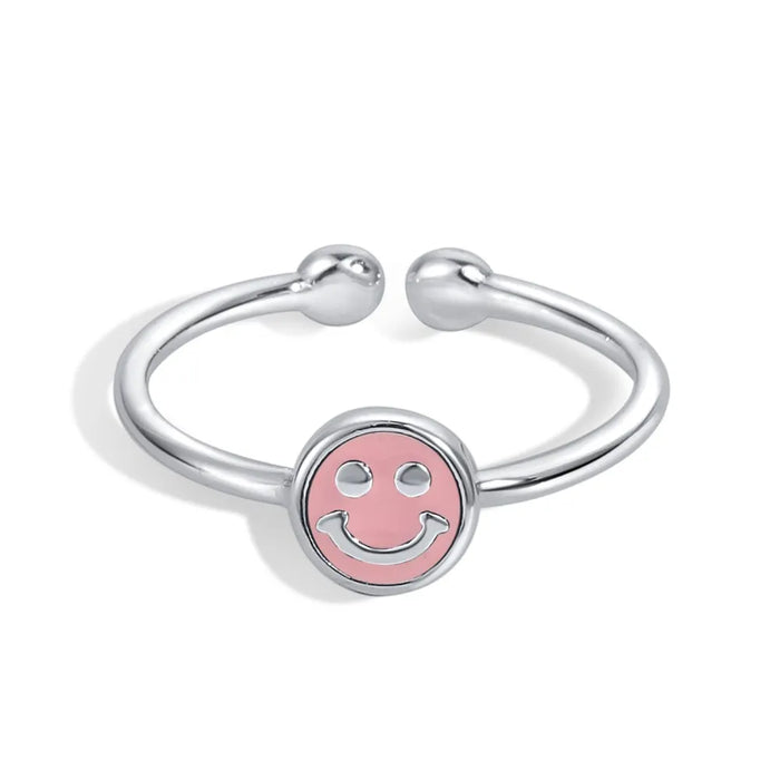 Anyco Ring Pink Dainty Handmade Jewelry Stackable Open Adjustable Rings 925 Sterling Silver Smile Face Cute Beaded Ring