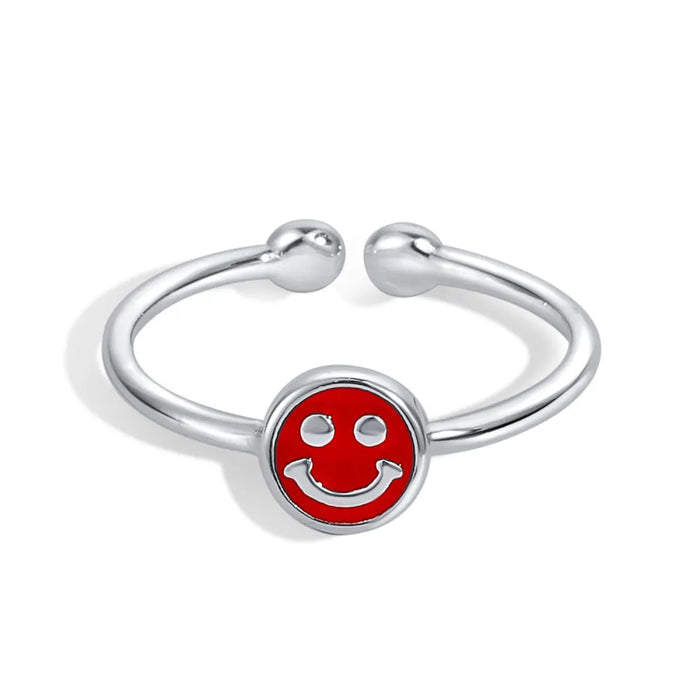 Anyco Ring Red Dainty Handmade Jewelry Stackable Open Adjustable Rings 925 Sterling Silver Smile Face Cute Beaded Ring