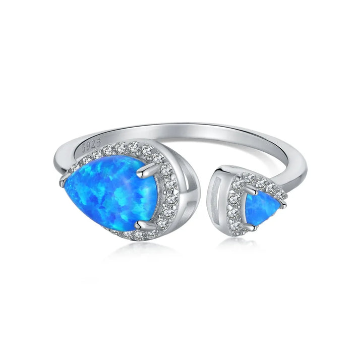 Anyco Ring Cubic Zirconia 925 Sterling Silver 5A Pear-Shaped Fire Blue Opal Open Adjustable Rings for Women