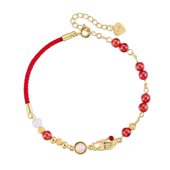 Anyco Bracelet S925 Sterling Silver Jewelry 22K Gold Plated Bangle Buddha'S Hand Garnet Red White Chalcedony Bracelets Women