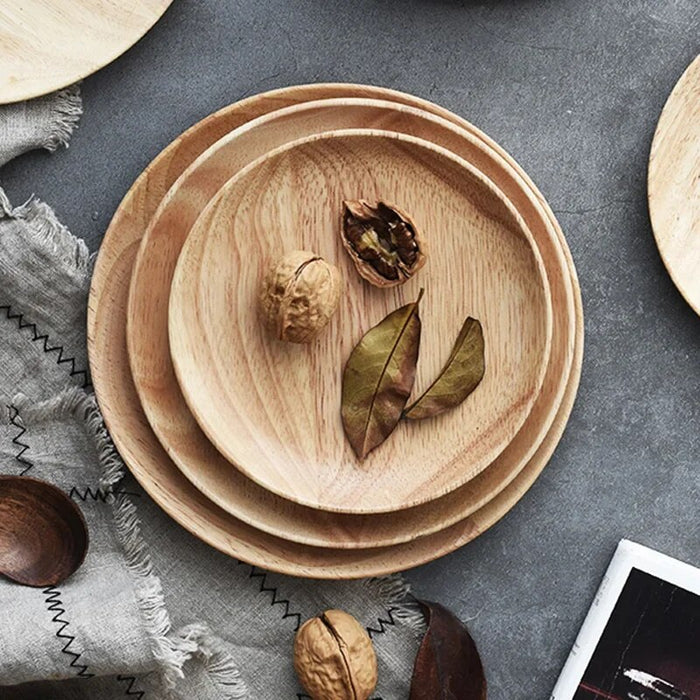 Anygleam Natural Wood 3pcs Round Wooded  Plates Food Kitchen Tableware