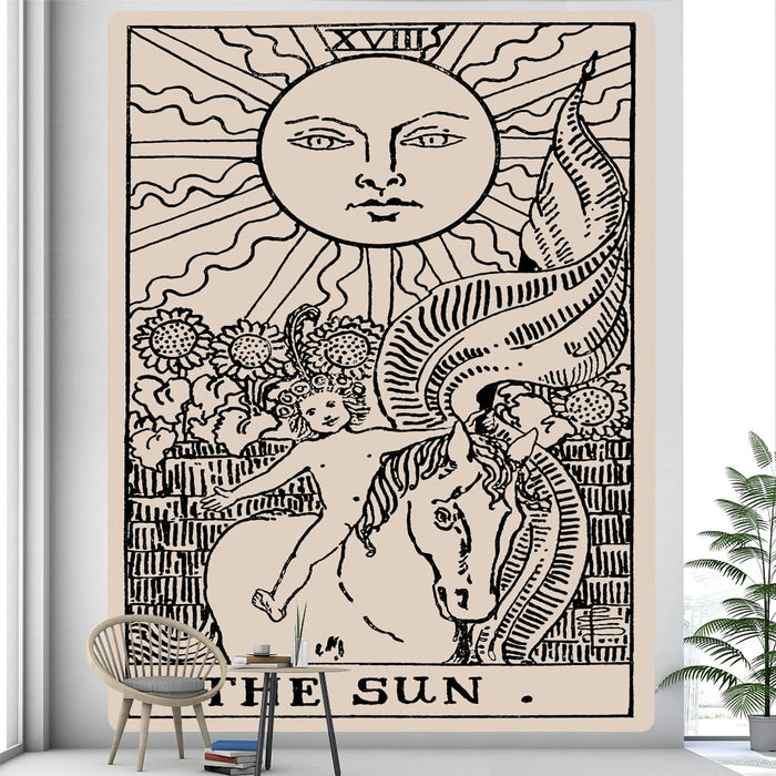 Anyhouz Tapestry Beige The Sun 150X100 cm Tarot Card Psychedelic Scene Art Hippie Bohemian Decoration Sheets