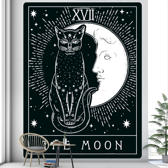 Anyhouz Tapestry Black The Moon And Cat 230X180 cm Tarot Card Psychedelic Scene Art Hippie Bohemian Decoration Sheets