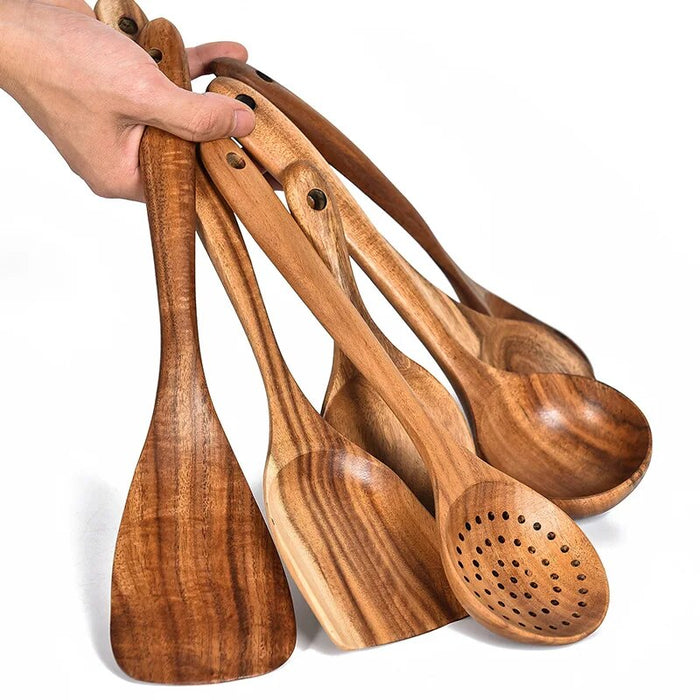 Anygleam Natural Wood 7pcs Wooden Spoon Kitchen Tableware