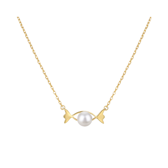 Anyco Necklace 18K Gold Plated 925 Silver Fish Pearl Pendant Gift Jewelry