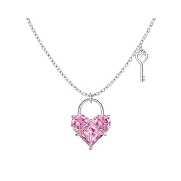 Anyco Necklace 925 Silver Pink Heart Key Shape Pendant with Zircon 5A Gift Jewelry