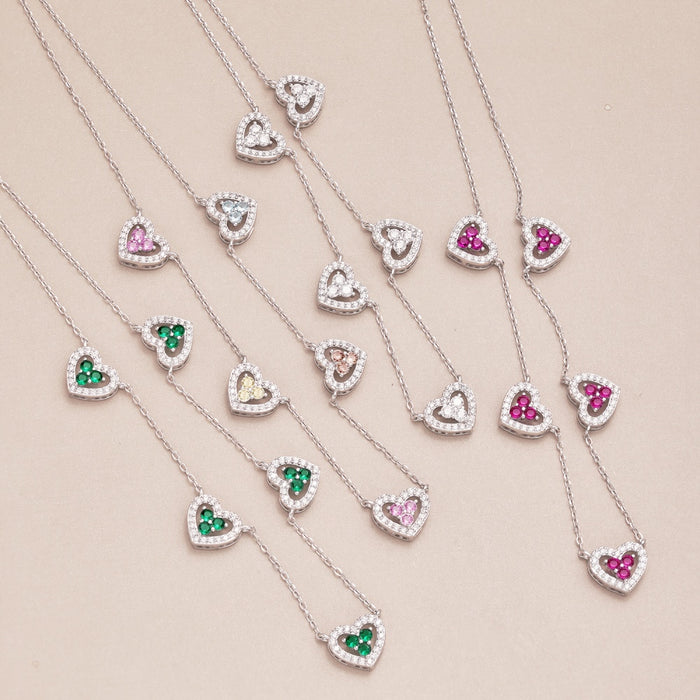 Anyco Necklace 925 Silver for Women Multi Color Hallow Out Heart Shape Sequence Pendant Cubic Zirconia 5A Rhodium Platting Jewelry