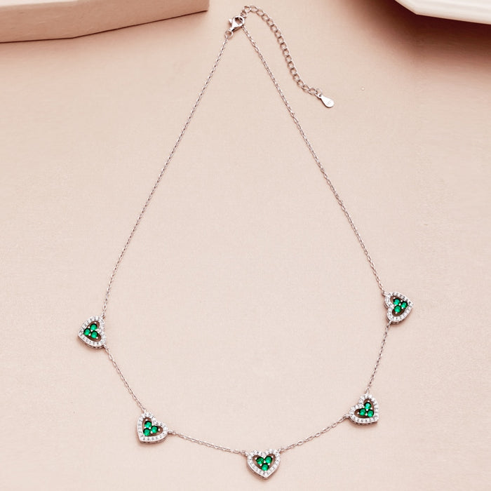 Anyco Necklace 925 Silver for Women Green Hallow Out Heart Shape Sequence Pendant Cubic Zirconia 5A Rhodium Platting Jewelry