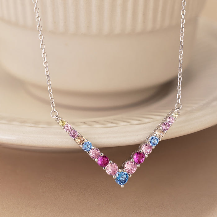 Anyco Necklace 925 Silver for Women Multi Color Long Chain V Shape Link Pendant Cubic Zirconia 5A Rhodium Platting Jewelry