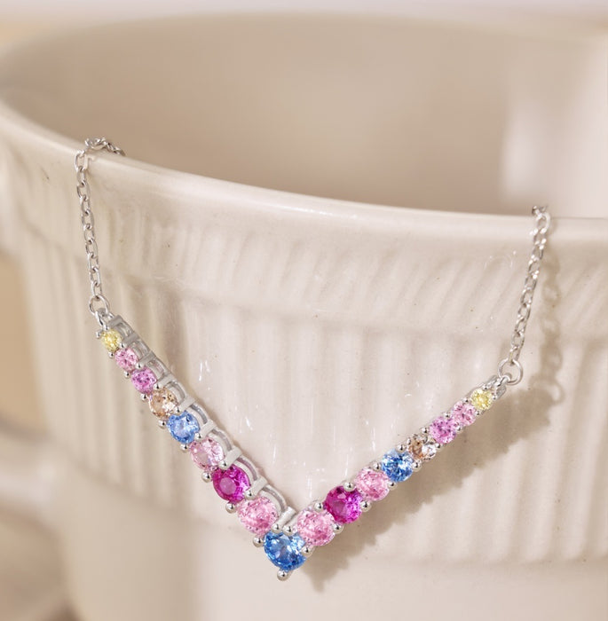 Anyco Necklace 925 Silver for Women Multi Color Long Chain V Shape Link Pendant Cubic Zirconia 5A Rhodium Platting Jewelry