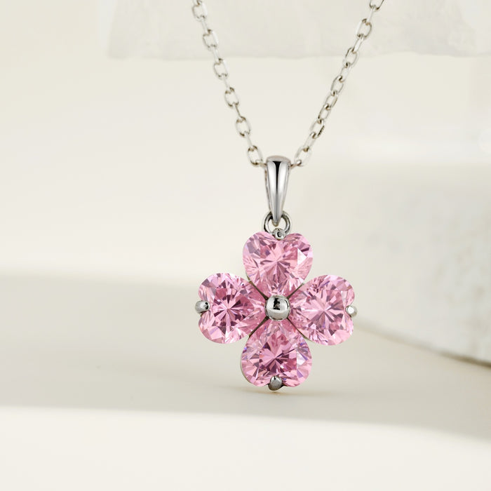 Anyco Necklace 925 Silver for Women Pink Heart Clover Leaf Pendant Cubic Zirconia 5A Rhodium Platting Jewelry