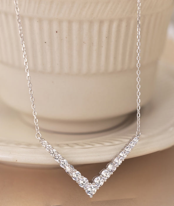 Anyco Necklace 925 Silver for Women Clear Long Chain V Shape Link Pendant Cubic Zirconia 5A Rhodium Platting Jewelry