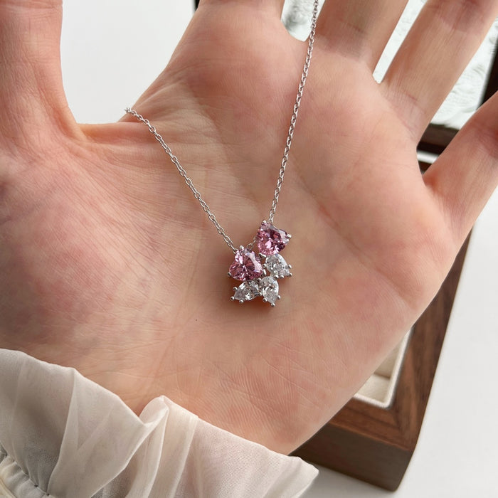 Anyco Necklace 925 Silver for Women Snowflakes Pink Heart Pendant Cubic Zirconia 5A Rhodium Platting Jewelry