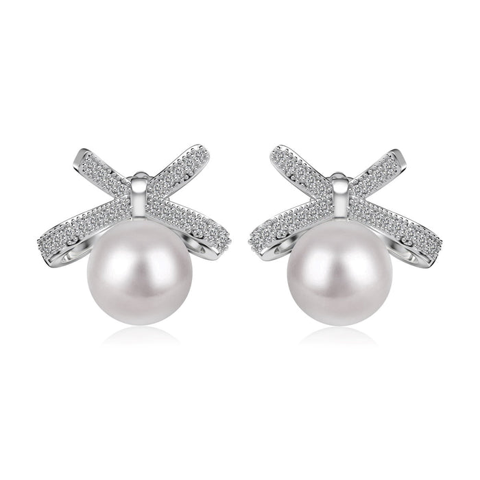 Anyco Earrings 925 Silver Pearl Bow Rhinestone Ear Studded Trendy Fashion Accessories