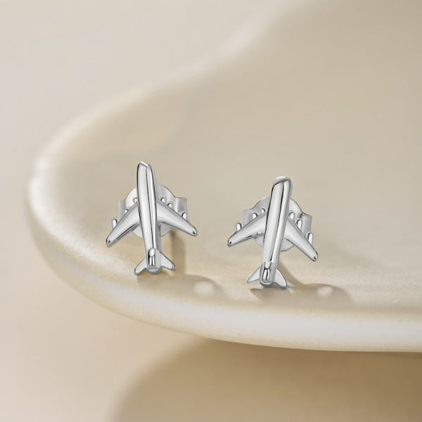 Anyco Earrings 925 Silver Aircraft Plain Studded Trendy Fashion Accessories