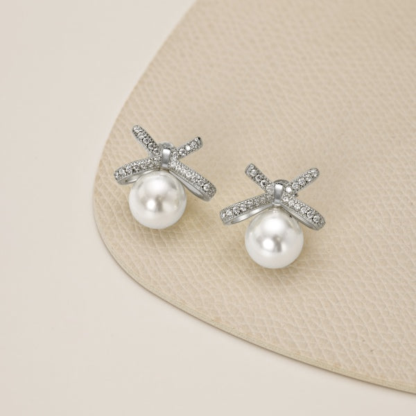 Anyco Earrings 925 Silver Pearl Bow Rhinestone Ear Studded Trendy Fashion Accessories