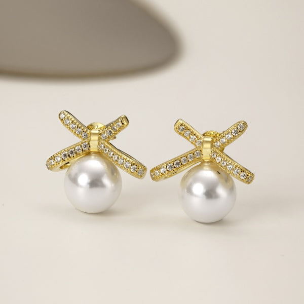 Anyco Earrings 925 Silver Pearl Bow Rhinestone Ear Studded Trendy Fashion Accessories