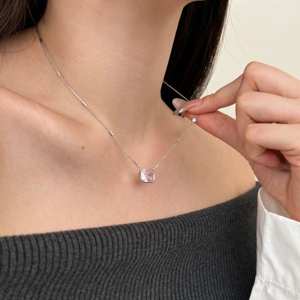 Anyco Necklace 925 Silver Pink Solitaire Pendant with Zircon 8A Gift Jewelry for Women