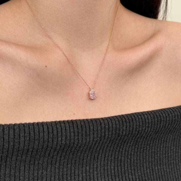 Anyco Necklace Rose Gold Plated 925 Silver Rectangular Pink Gemstone with Zircon 8A Gift Jewelry for Women