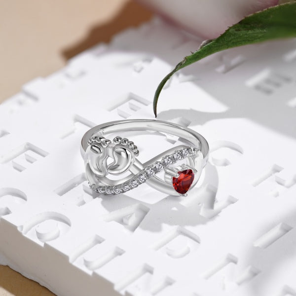 Anyco Ring Silver Baby Footprint Love Fun Ring Red Heart Stone 925 Silver Rings For Women Size 8