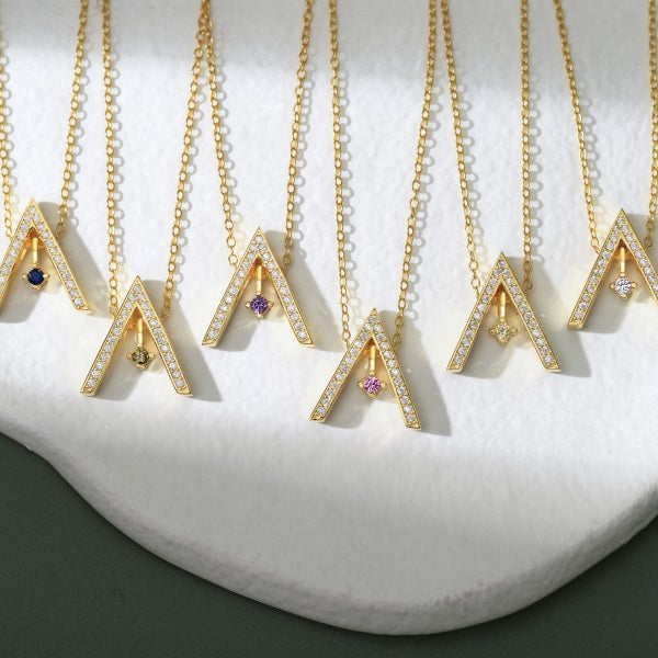 Anyco Necklace 18K Gold Plated 925 Silver Triangular Colored Stone Pendant with Zircon 5A Gift Jewelry