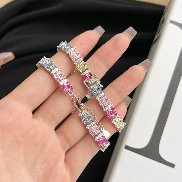 Anyco Bracelet 16cm 925 Silver Colorful Tennis Sapphire Open Box Clasp with Zircon 5A Jewelry for Women